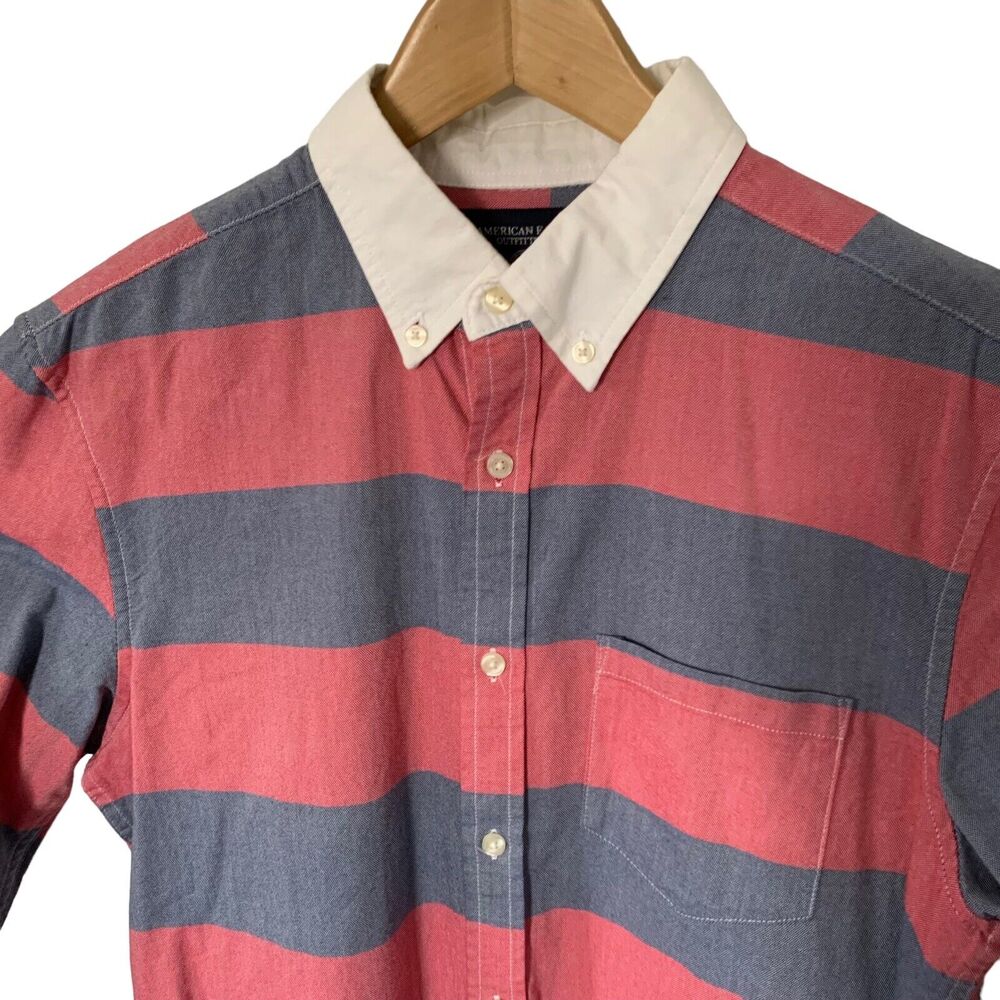 American Eagle Button Down Shirt Mens M Medium Blue Striped Long Sleeve Slim Fit